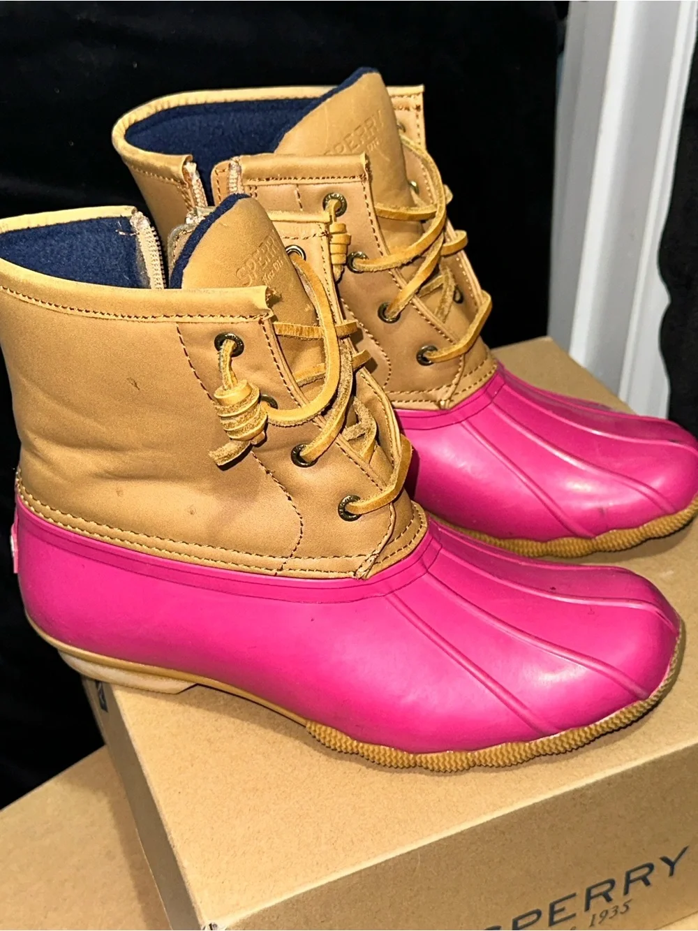 Sperry Kids Bright Pink and Tan Duck Boots